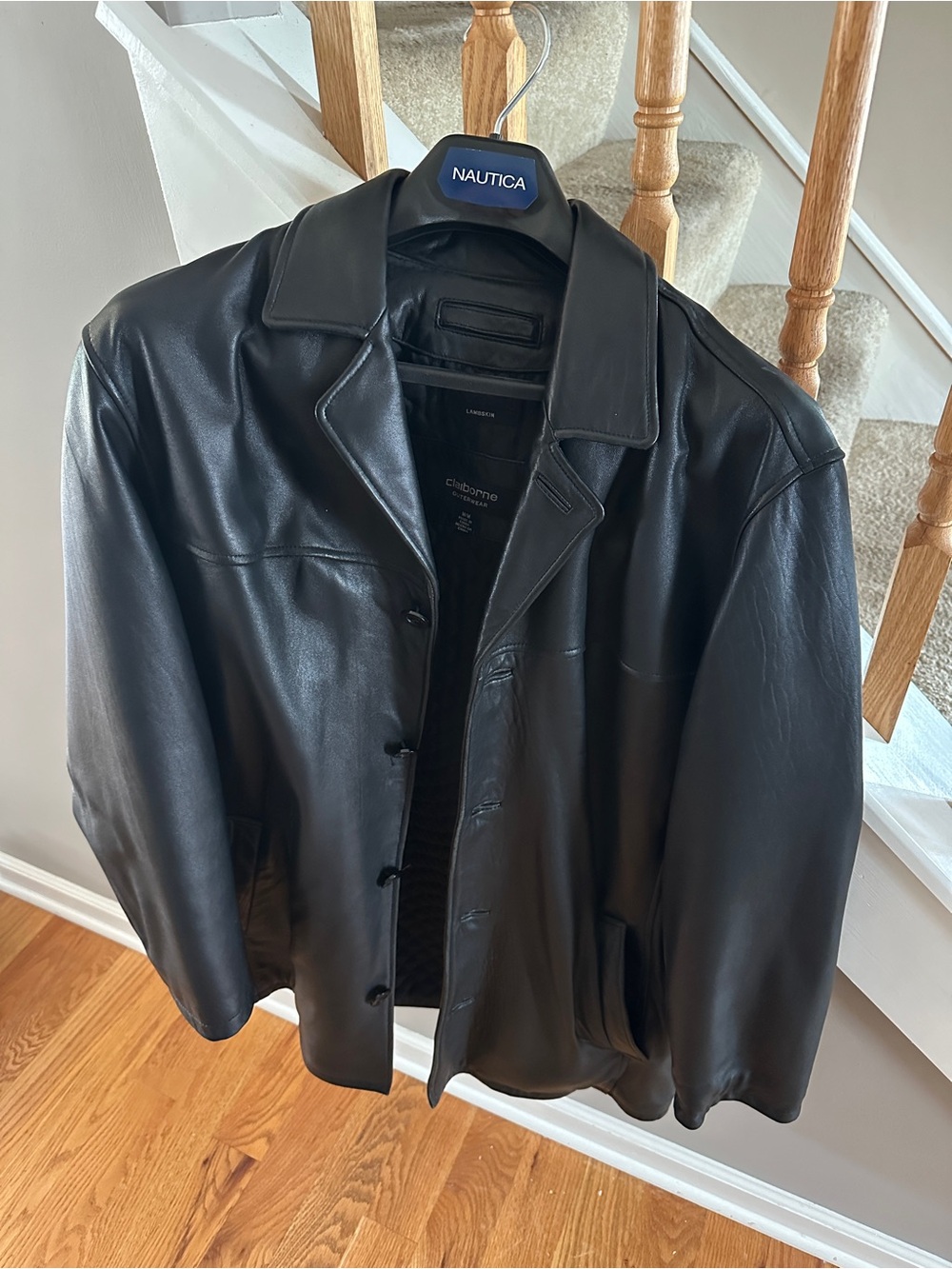 Claiborne Black Leather Pea Coat with Button Front. Smoke free home.